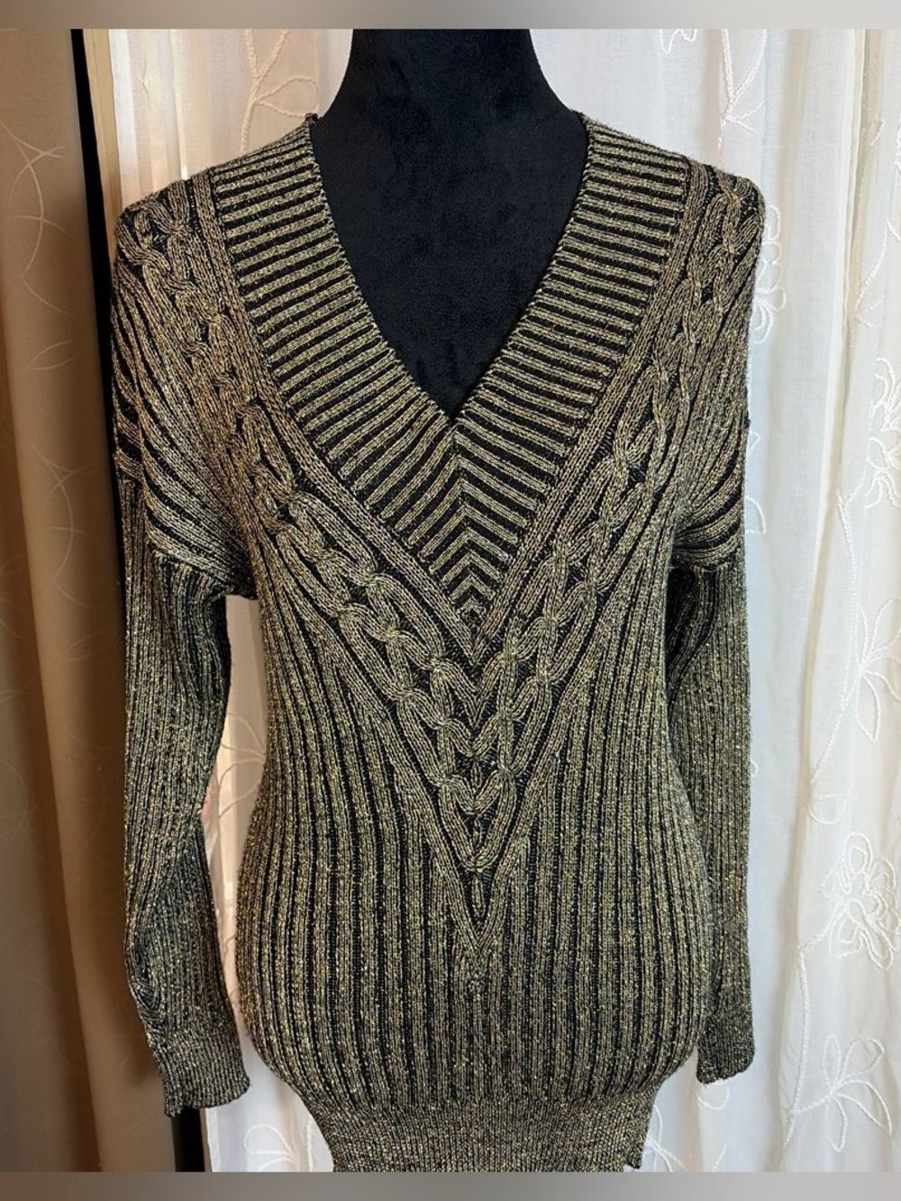 Vintage Counterparts Metallic Gold-Black V-Neck Cable Knit Sweater